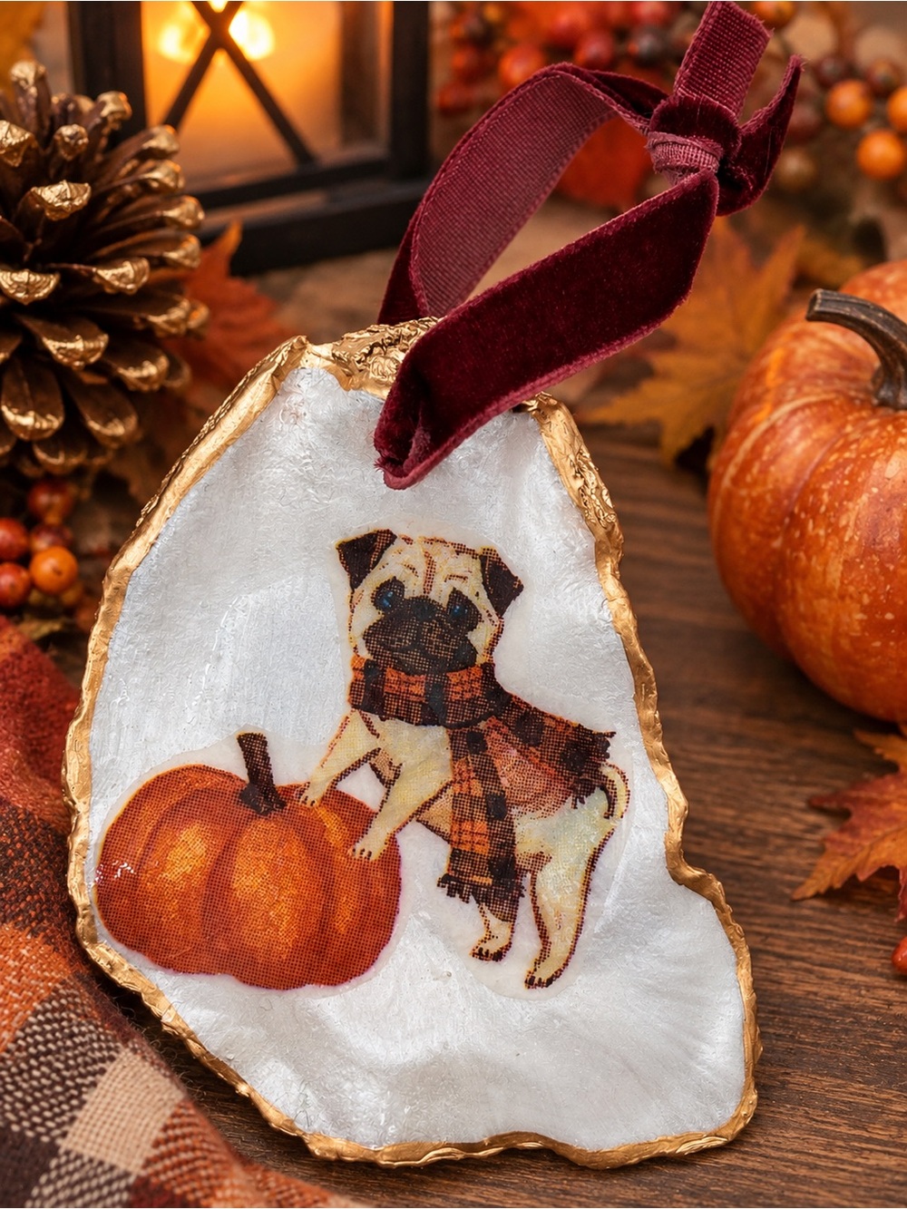 Pug & Pumpkin Velvet Ribbon Holiday Oyster Shell Ornament in Burgundy